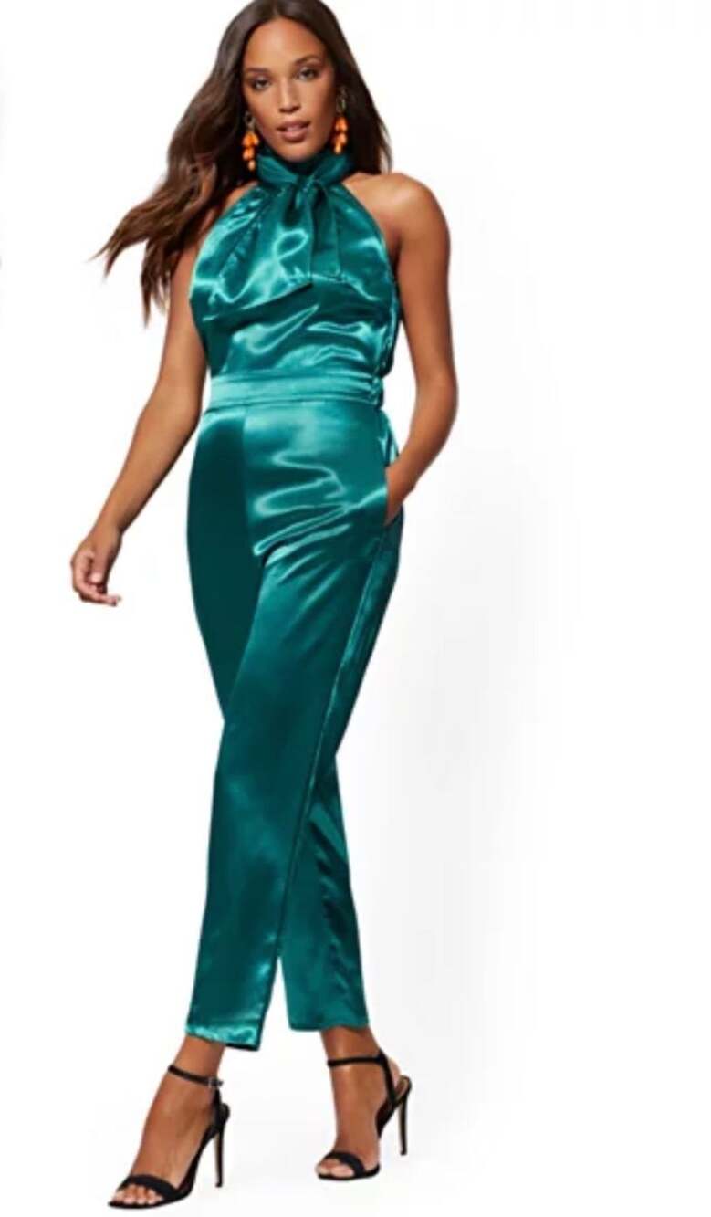 New York & Company Satin Halter Jumpsuit Green